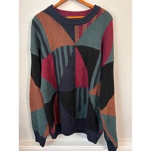 Boston Traders Vintage Geometric Colorblock Knit Sweater Mens L Ramie Cotton